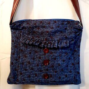 New Blue Wine Floral Seersucker Ruffle Quilted Pleather trim Shoulder bag Purse